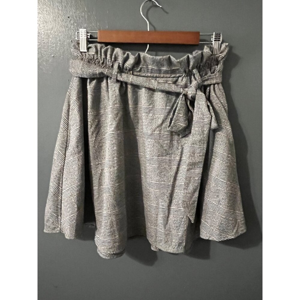 H&M POCKETS! Gray Checked Paperbag Waist Wrap Skirt W/Sash & Pockets M Medium